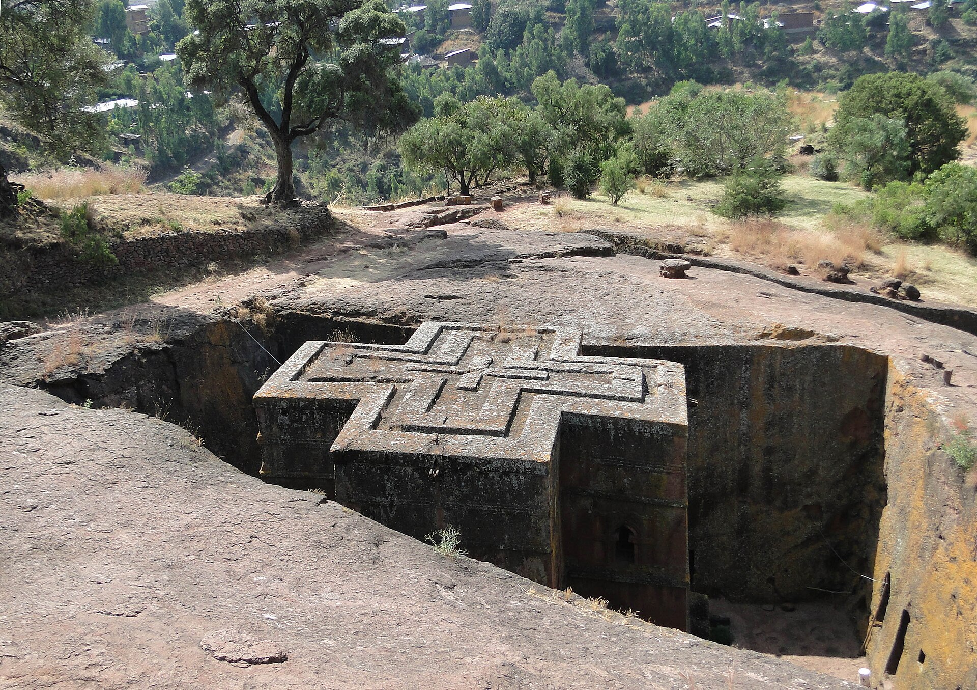 Cross-shaped rock-hewn church Bete Giyorgis in Lalibela